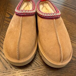 UGG Men's Chestnut Suede Slip-On Shearling Mules with Red Trim